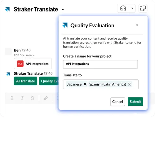 Slack view of Straker’s Quality Evaluation, helping teams translate technical content and keep terminology consistent across updates.