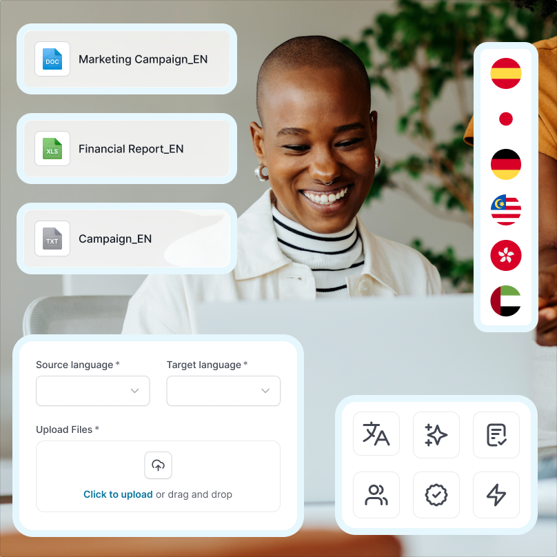 Marketer working on a laptop with language options shown, preparing social media content for verified global audiences.