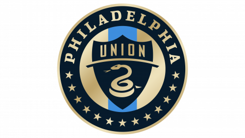 Philadelphia Union soccer team logo with a coiled snake on a blue and gold shield surrounded by a circular border with stars and the word PHILADELPHIA.