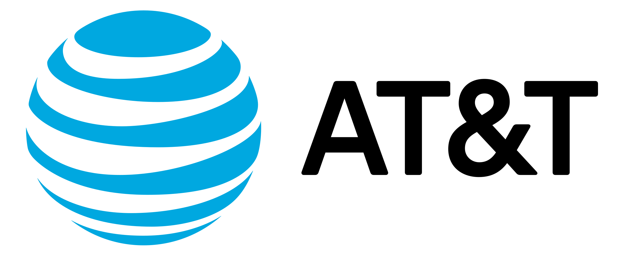 AT&T logo featuring a blue globe with horizontal stripes beside bold black AT&T text.