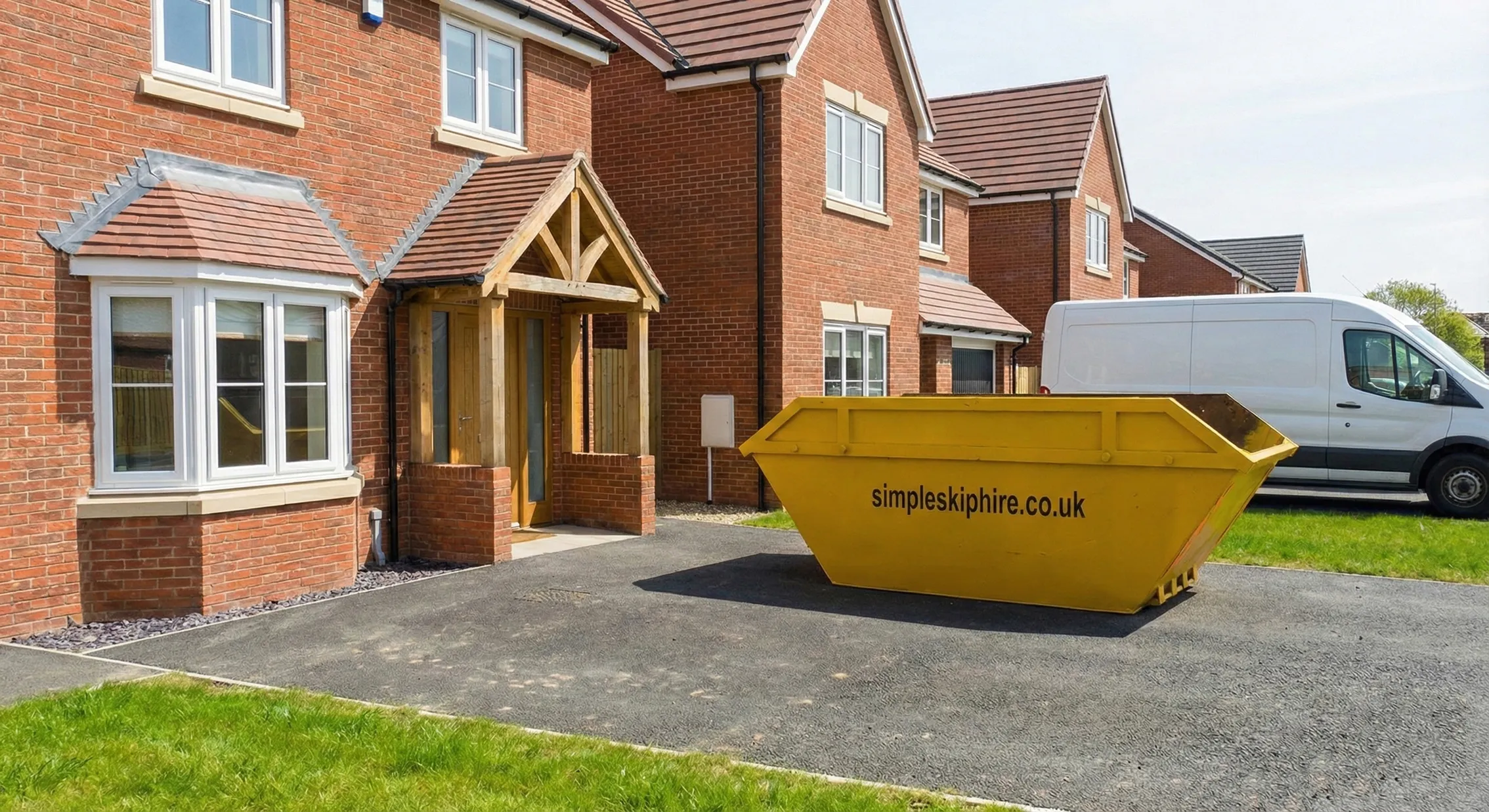 Yellow skip bin with simpleskiphire.co.uk on driveway of a modern brick house with a white van parked beside it.