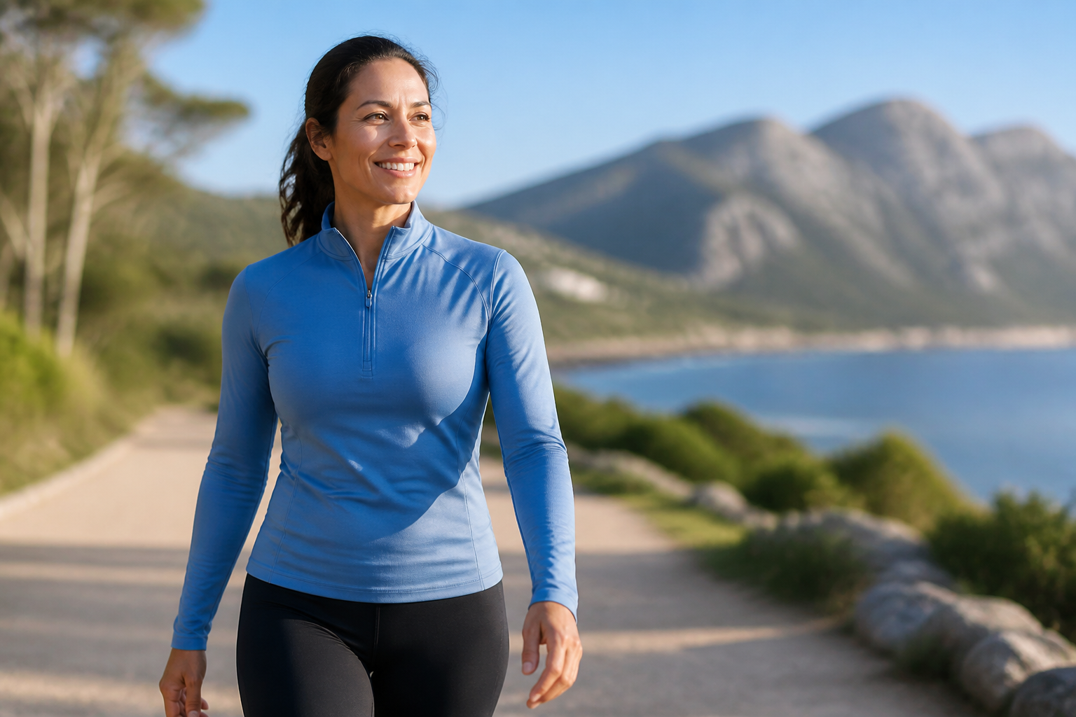 Person walking outdoors with energy and confidence