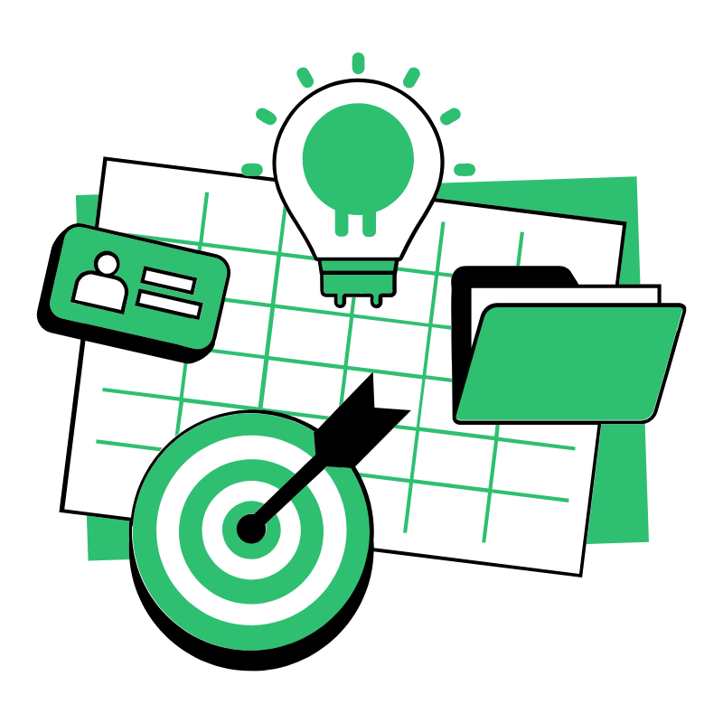 ZG Group Planning. Illustration of a target with an arrow, a grid planner, a lightbulb symbolizing an idea, a folder, and an ID card, all in green and black colors.