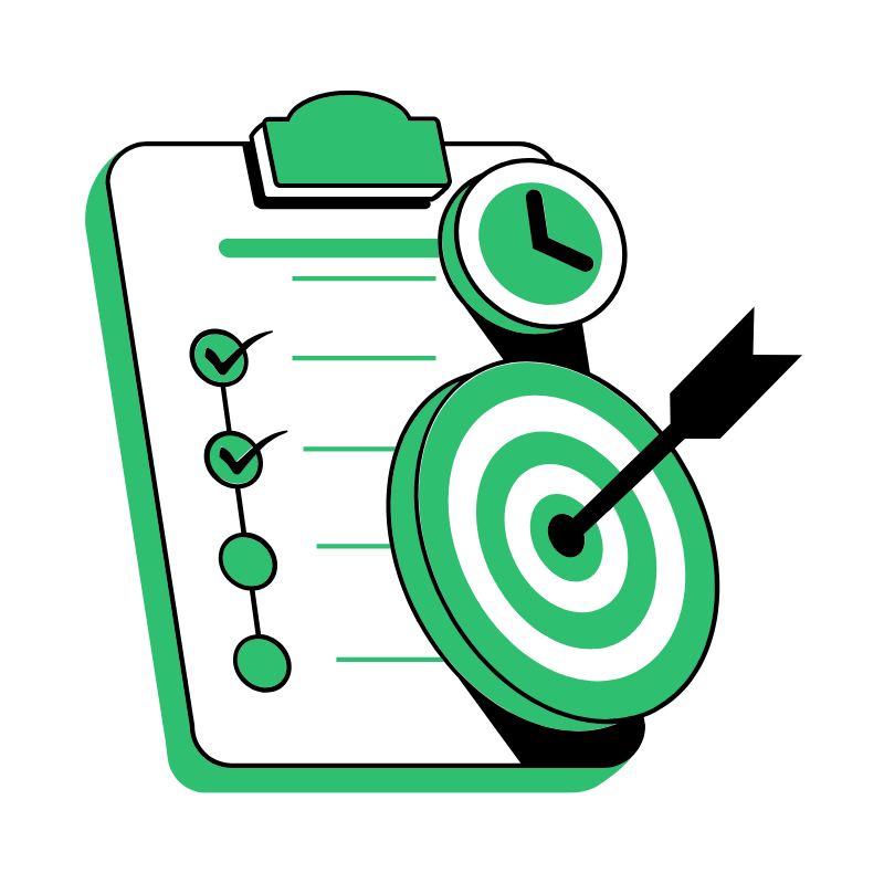 ZG Group Goals Graphic. Clipboard with a checklist showing two completed items, a clock, and a dart hitting the center of a target representing goal achievement.