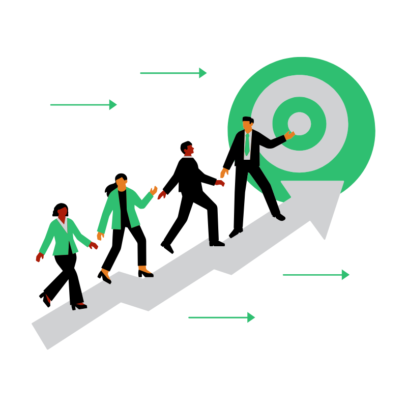 ZG Group Growth Graphic. Four business people walking up a gray arrow towards a green and gray target symbolizing growth and goals.