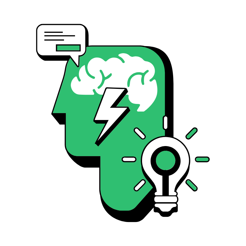 ZG Group Idea Graphic. Green human head silhouette with a white brain, lightning bolt, speech bubble, and illuminated light bulb symbolizing ideas and creativity.