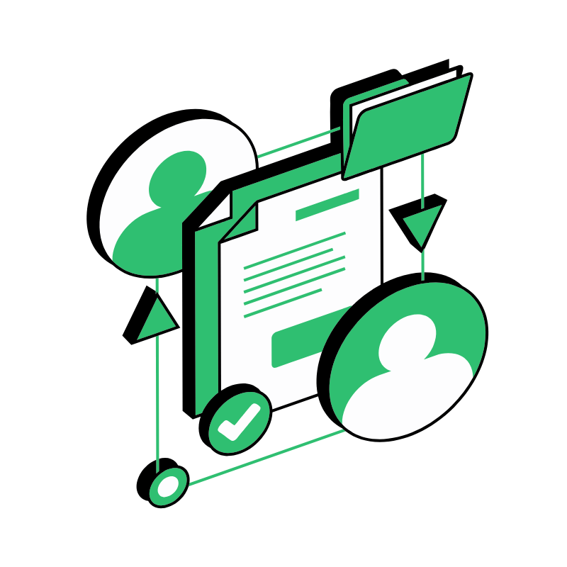 ZG Group Customer Retention Graphic. Illustration of digital document with user icons, folder, and checkmark, connected by lines and arrows.