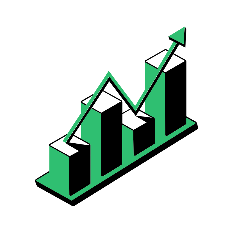 ZG Group Growth Graphic. 3D bar chart with four green and white bars and a green upward-trending arrow line indicating growth.