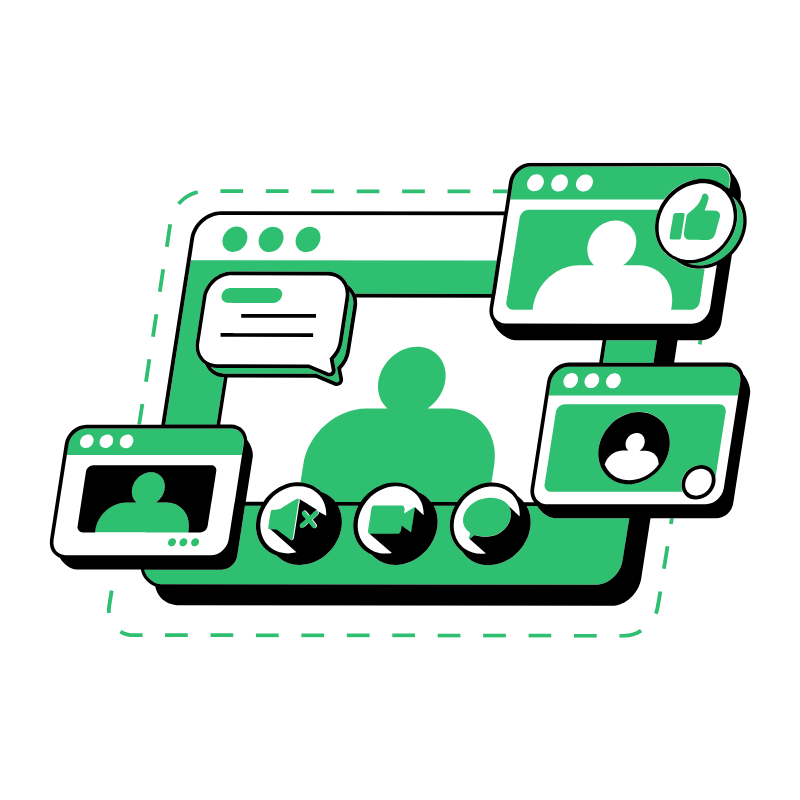 ZG Group Referrals Graphic. Illustration of video call windows with user icons, chat bubble, and icons for muted audio, video, and chat.