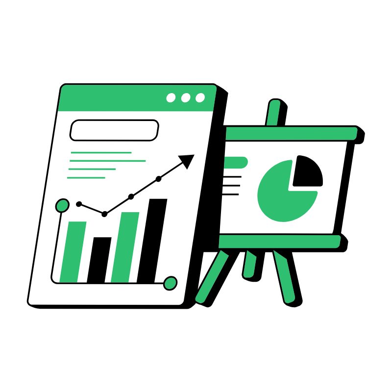 ZG Group KPIs Graphic. Illustration of a digital report with green and black bar and line charts next to a green-framed presentation board showing a green and black pie chart.