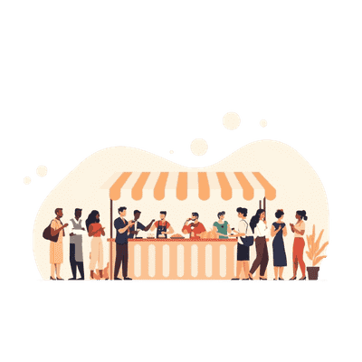 Illustration of diverse customers standing in line at a food stall with three workers serving behind the counter.