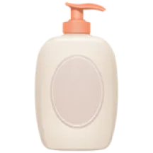Cream-colored plastic pump bottle with an oval label and orange pump dispenser.