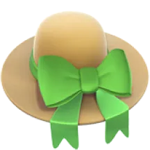 Beige wide-brimmed hat with a large green ribbon bow.
