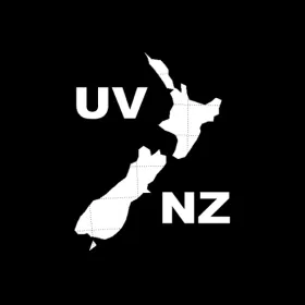 White silhouette map of New Zealand on black background with letters 'UV' to the left and 'NZ' to the right of the map.