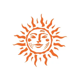 Orange stylized sun with a smiling face and wavy rays on a white background.