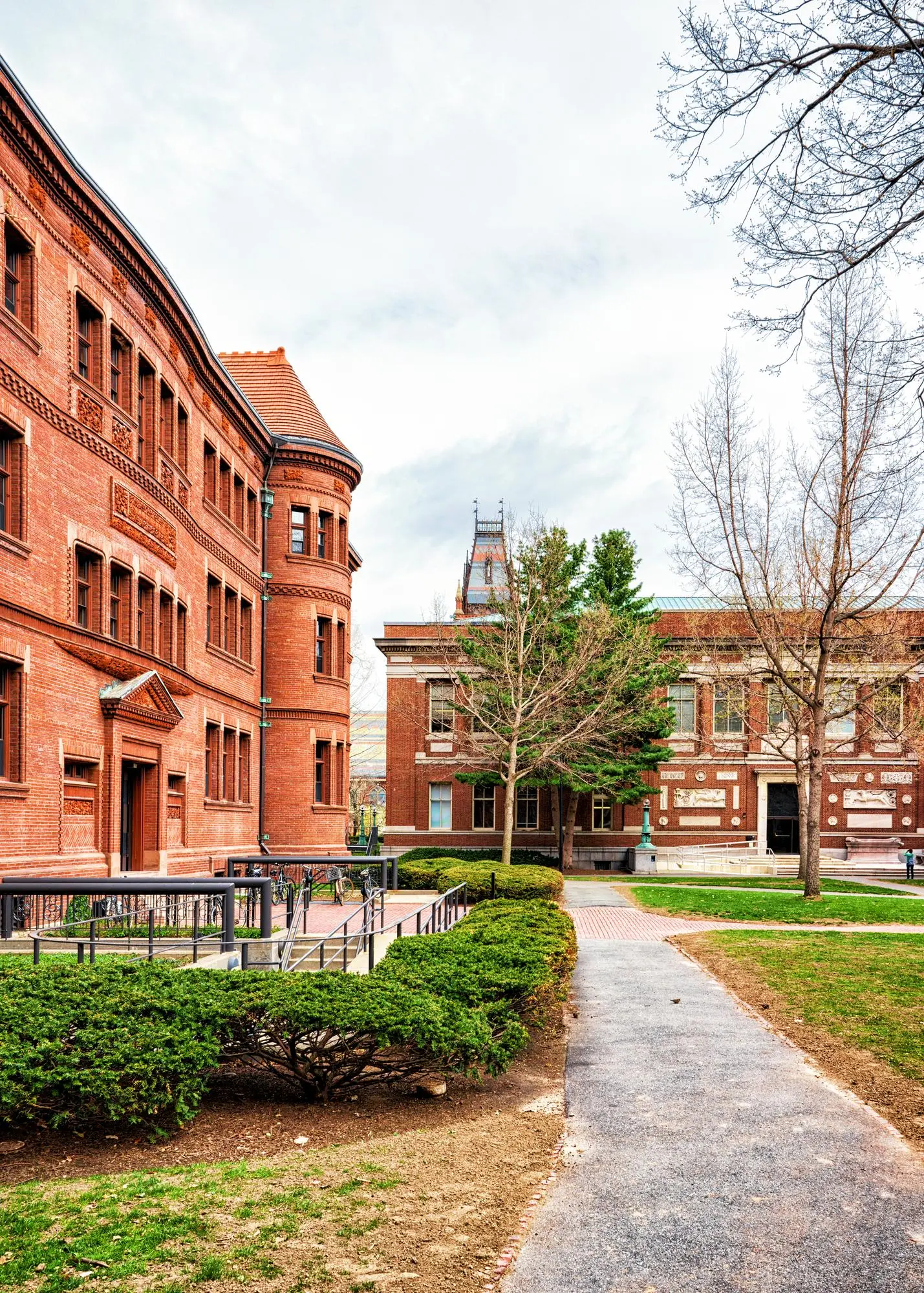 Pathway leading through a campus area with red brick academic buildings, green bushes, and leafless trees under a cloudy sky.