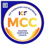 ICF Master Certified Coach MCC badge with orange and yellow design elements.
