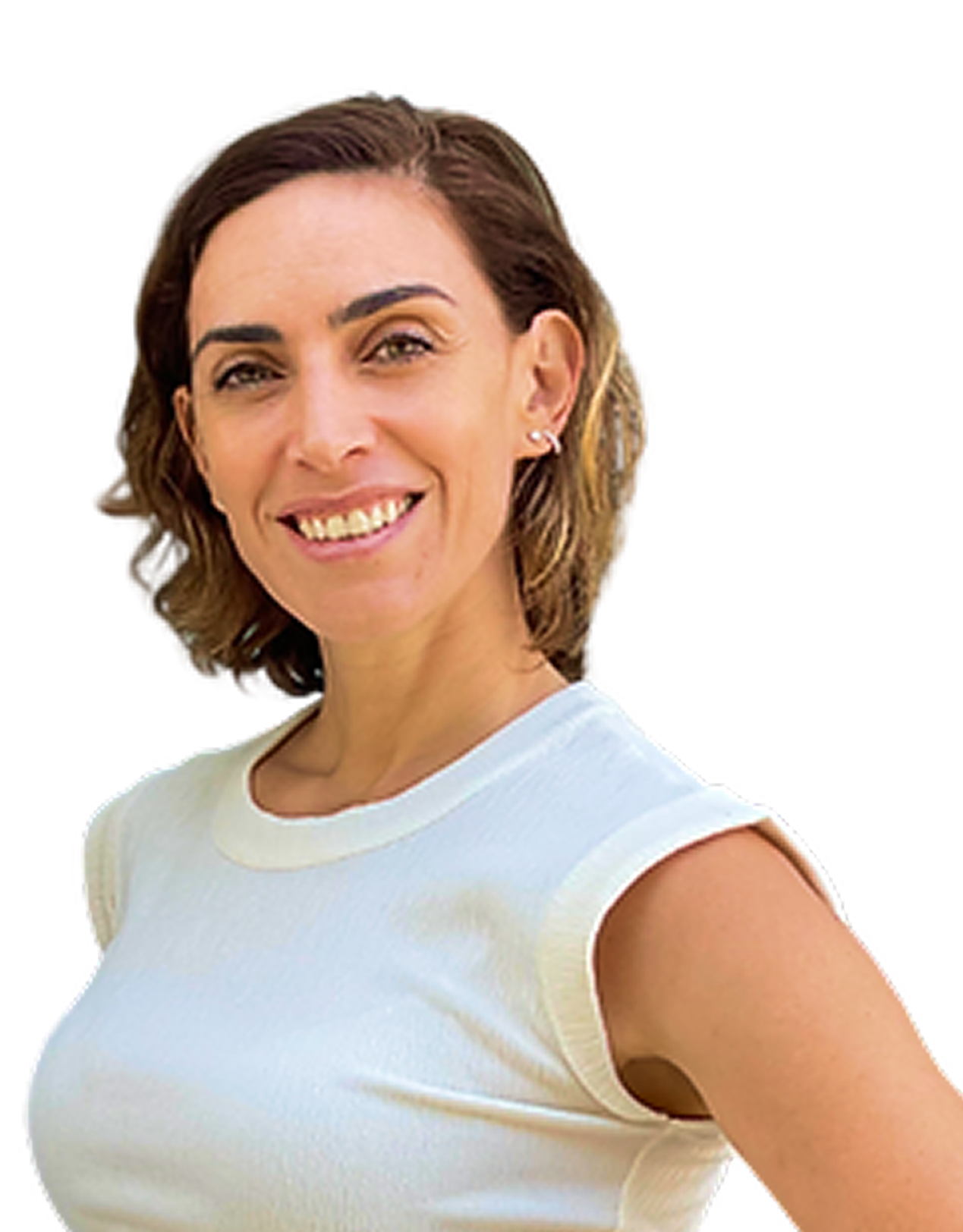 Smiling woman with short brown hair wearing a sleeveless white top.
