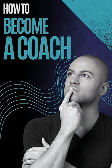 Thoughtful man with hand on chin looking up beside text 'How to Become a Coach' on dark blue background with abstract lines.