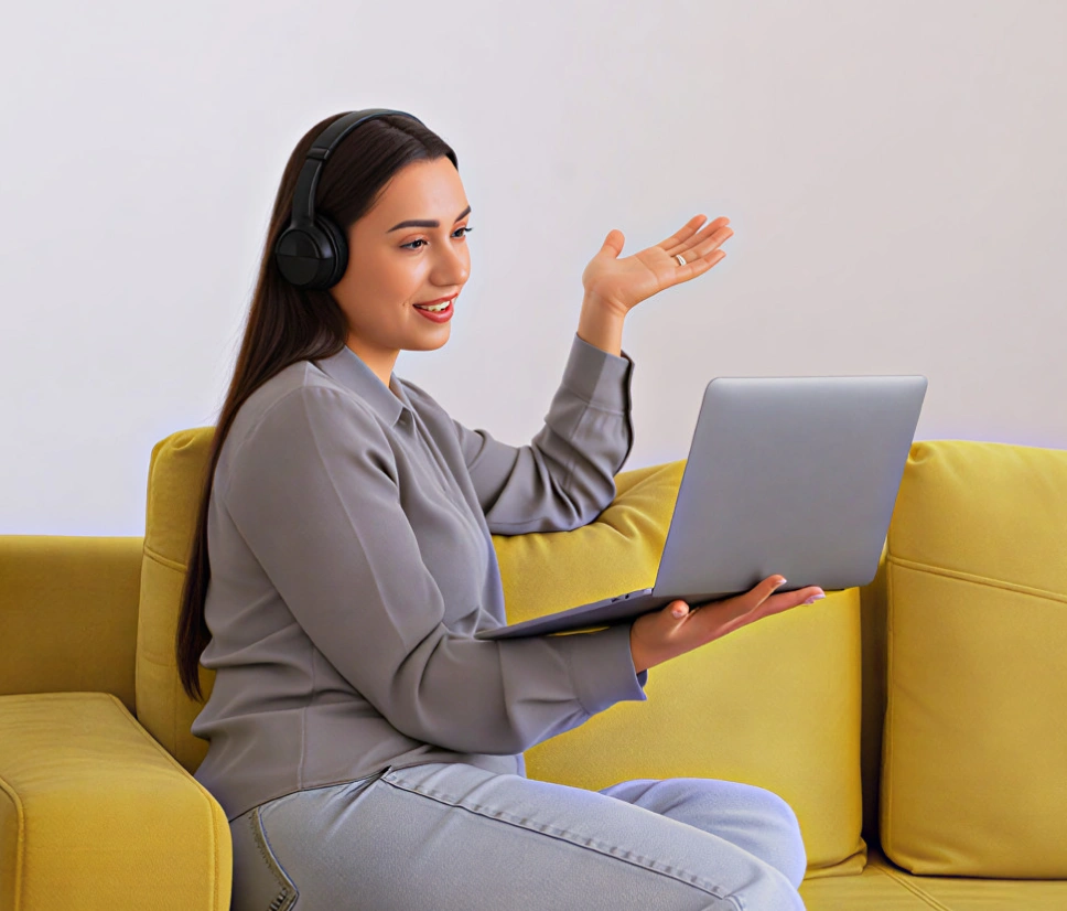 Woman wearing headphones and gray shirt sitting on yellow couch holding a laptop, engaged in a video call.