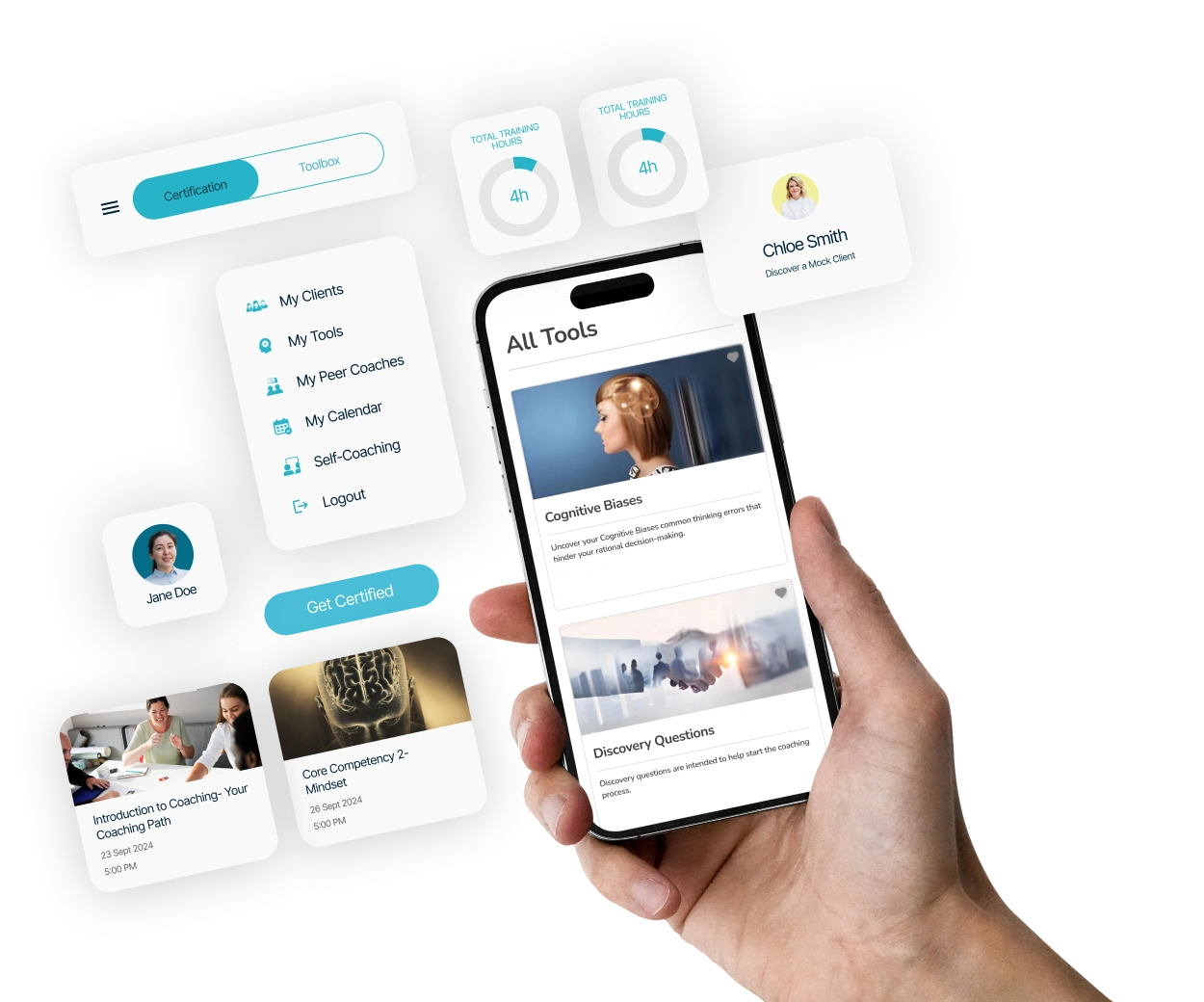 Hand holding a smartphone displaying a coaching app with tools like Cognitive Biases and Discovery Questions, surrounded by UI elements including certification toggle, training hours, client profiles, coaching calendar events, and a Get Certified button.