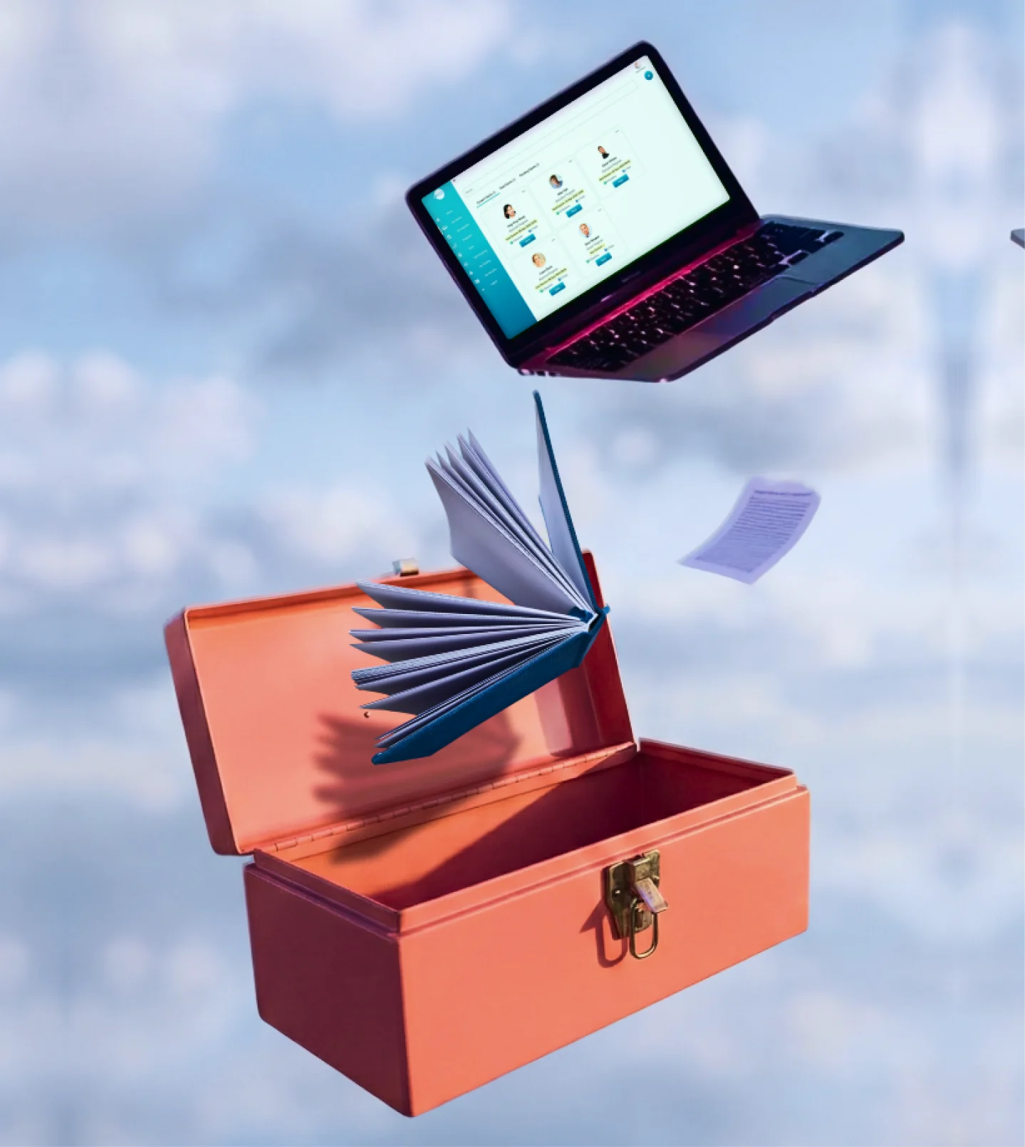 Open orange toolbox floating in the sky with a laptop, an open book, and flying papers above it.