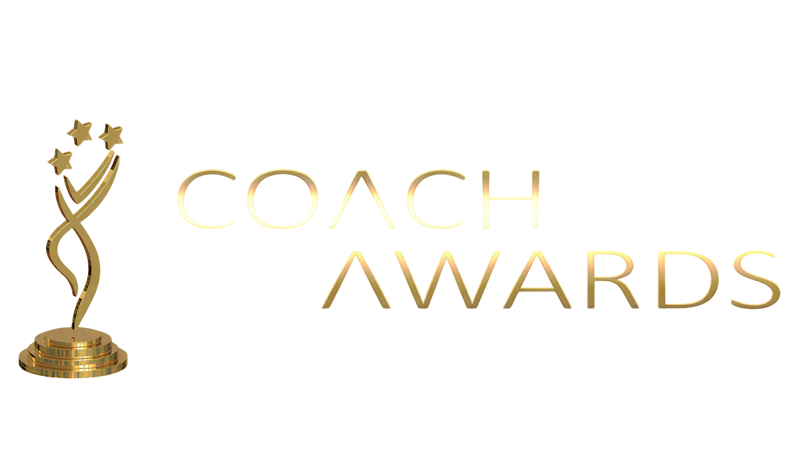 Gold trophy with three stars above and text reading 'COACH AWARDS' in gold.