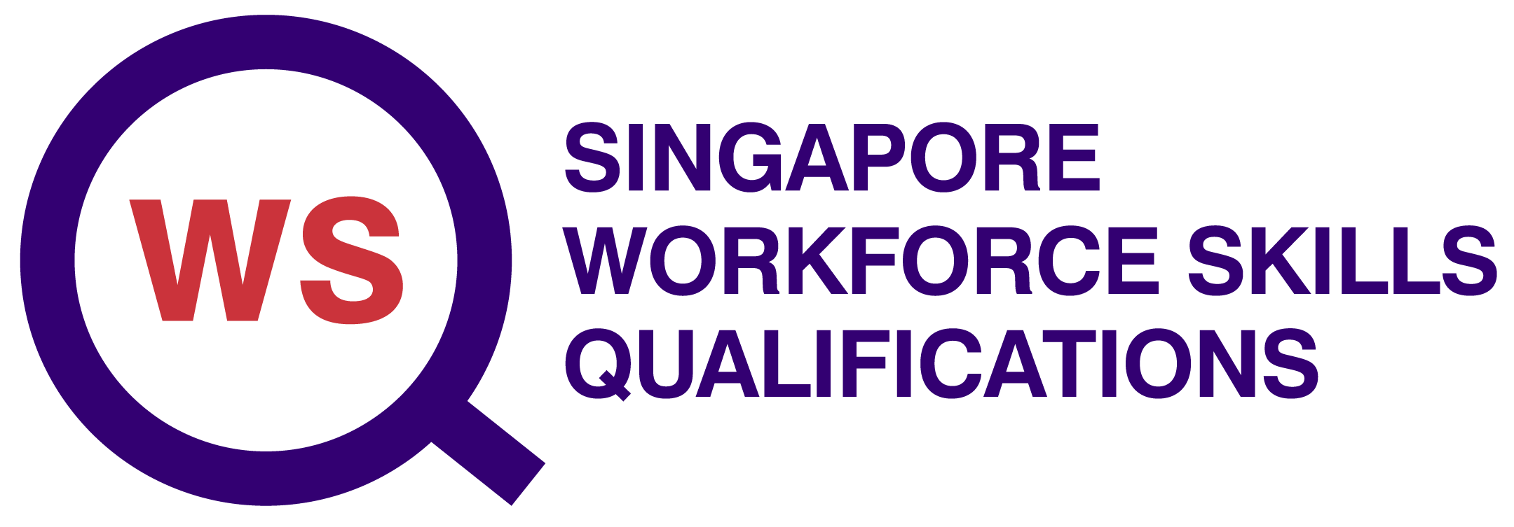 Singapore Workforce Skills Qualifications logo with a large purple magnifying glass encircling red letters WS and purple text 'Singapore Workforce Skills Qualifications' to the right.