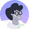 Illustration of a person with dark curly hair, glasses, and a light-colored shirt against a purple abstract background.