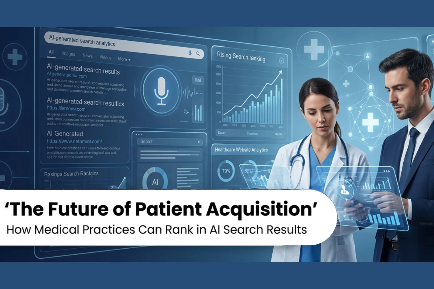 A medical professional and marketing specialist collaborating over futuristic screens displaying healthcare AI search analytics.