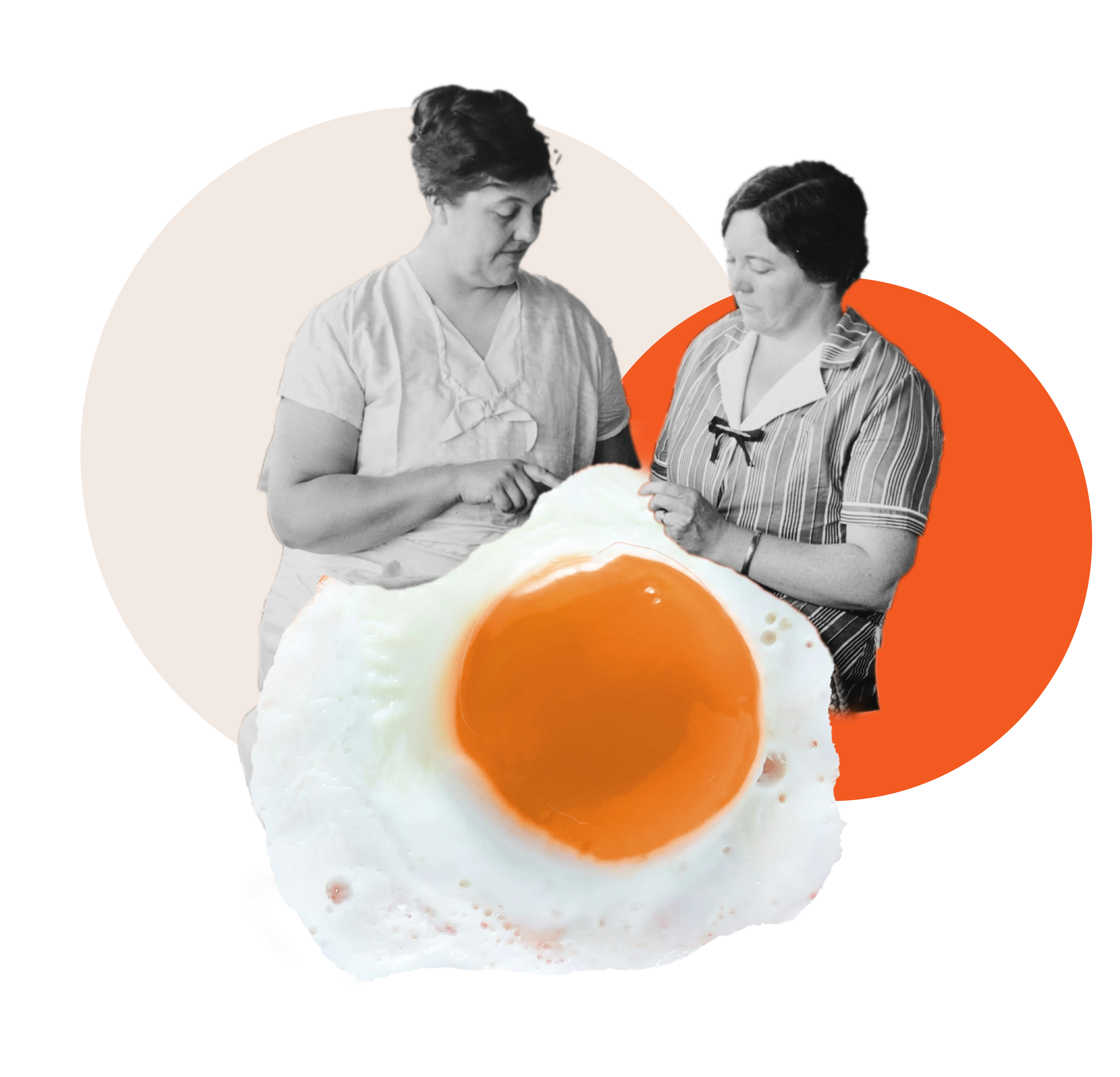 Black and white photo of two women looking at a large fried egg placed in front of them.