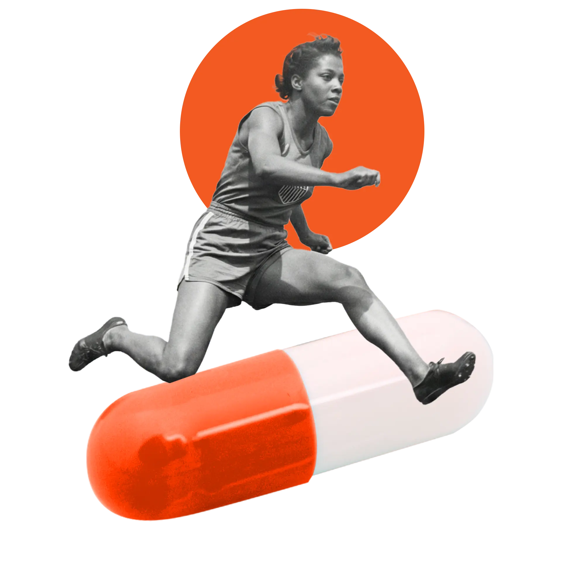 Black and white image of a female athlete jumping over a large red and white capsule pill with an orange circle background.