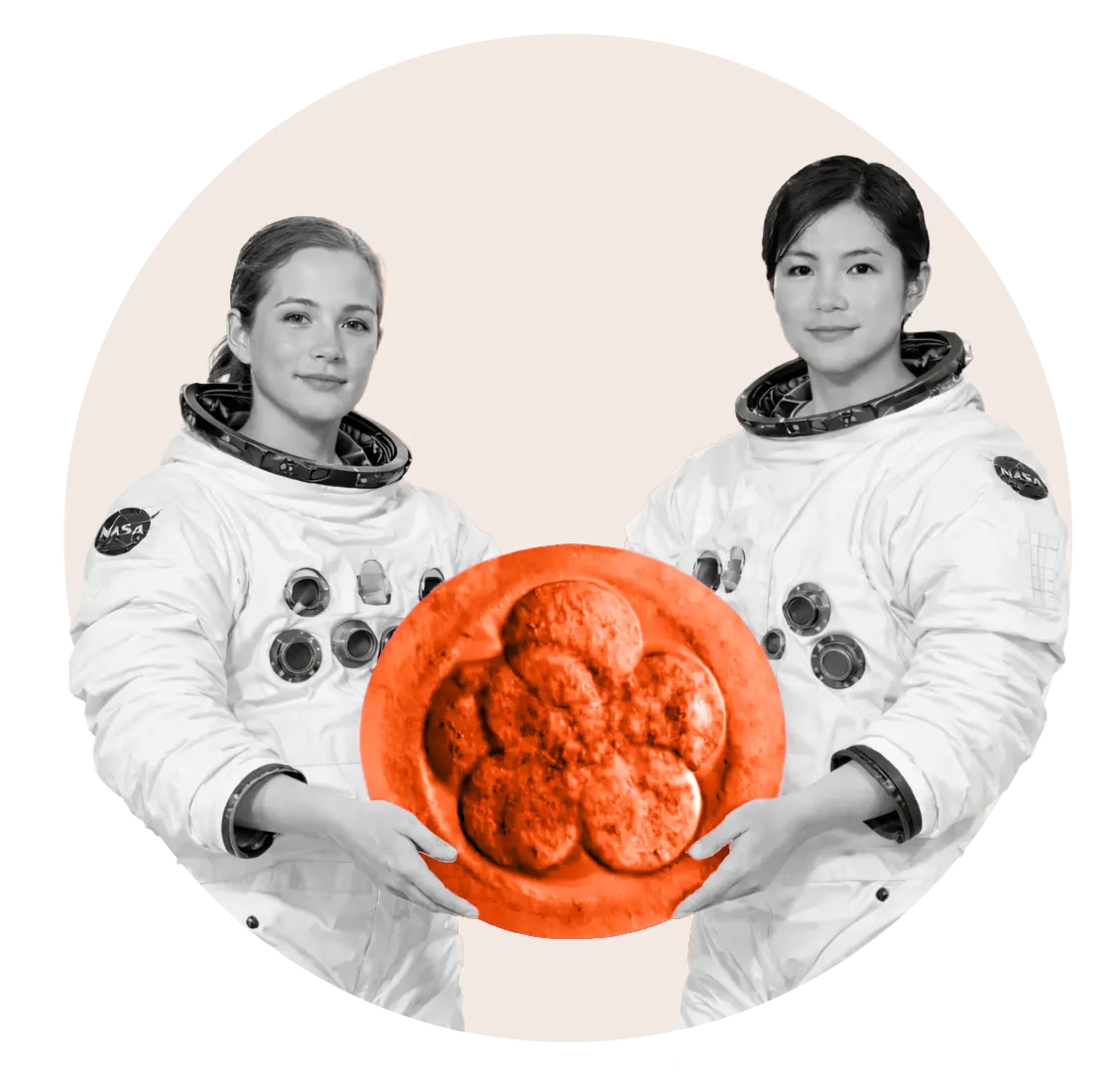 Two female astronauts wearing NASA suits holding an embryo.