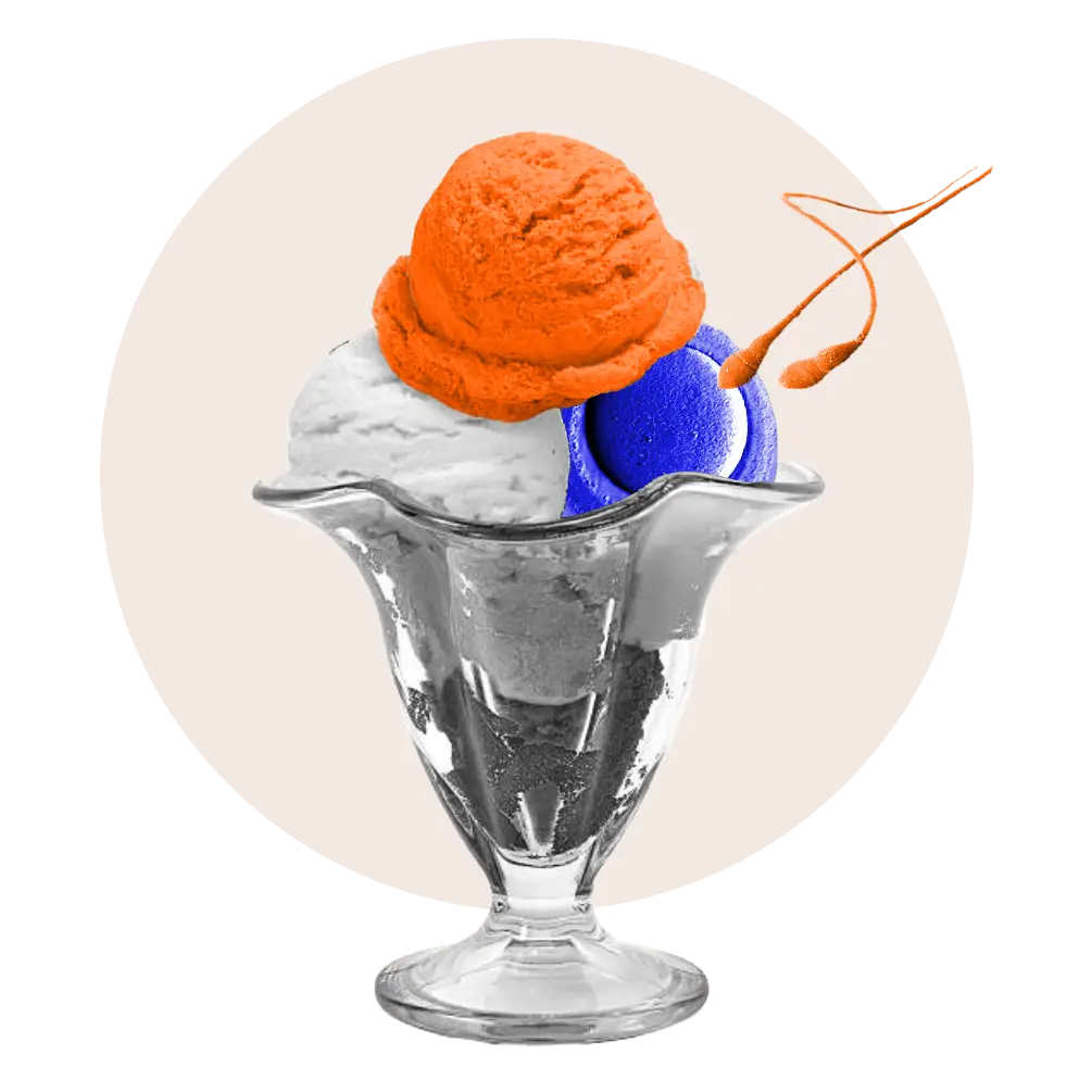 Glass dessert cup with three scoops of ice cream in white, orange, and blue, with two orange sperm and a female egg illustrations on the right.