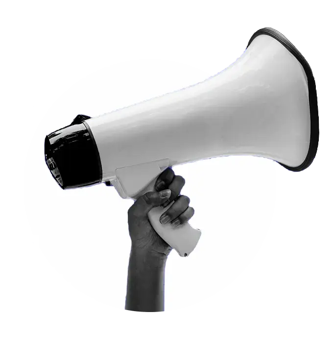 Hand holding a white megaphone against a blue circular background.