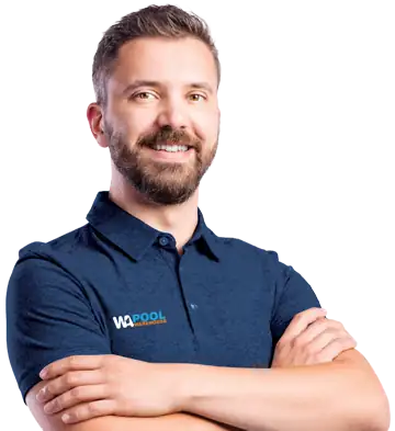 Smiling man with beard wearing a navy blue WA Pool Services polo shirt, arms crossed.