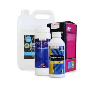 Collection of pool chemical containers including Oxy Shock, Aquashield, and others in white plastic bottles and a box.