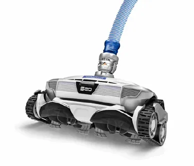 White and grey robotic suction pool cleaner with a blue hose attached, designed for automatic pool cleaning.