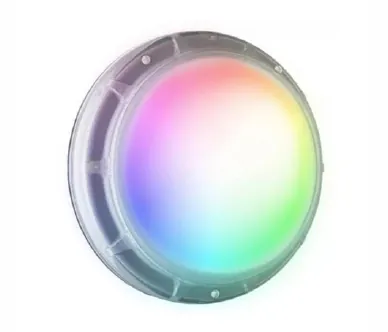 Round underwater pool light with a glowing gradient of rainbow colours.