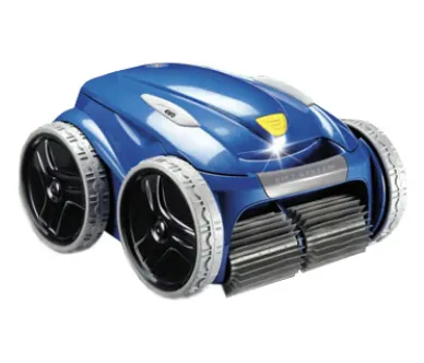 Blue robotic pool cleaner with large black wheels and front brushes for debris removal.