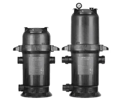 Two black vertical pool filter tanks side by side, one smaller and one larger with a pressure gauge on top.