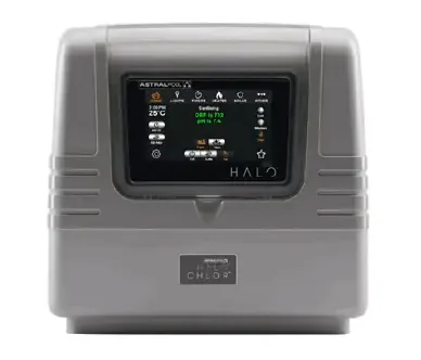 Grey AstralPool Halo pool chlorinator with digital display showing system status and chlorine levels.