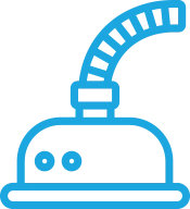 Blue line icon of a vacuum cleaner with a flexible hose.