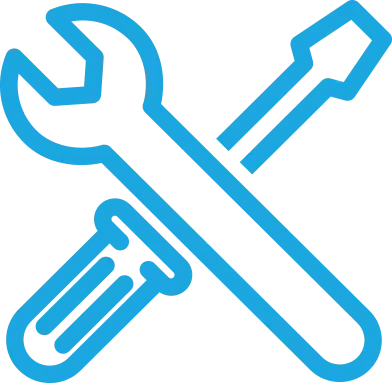Blue icon of a crossed wrench and screwdriver representing tools or installation service.