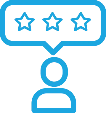 Icon of a person with a speech bubble containing three stars representing feedback or review.