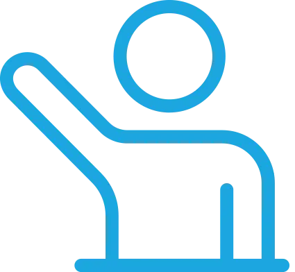 Blue icon of a person waving with one arm raised.
