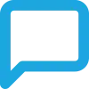 Blue speech bubble icon with a tail pointing downwards on white background.