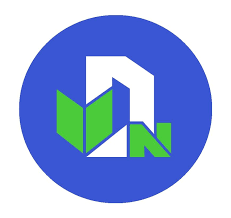 Icon featuring a white document with green elements resembling a leaf and a house on a blue circular background.