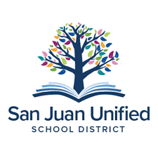 San Juan Unified School District logo featuring a stylized tree with colorful leaves growing from an open book.