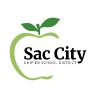 Sac City Unified School District logo featuring a green apple outline with two leaves above the text.
